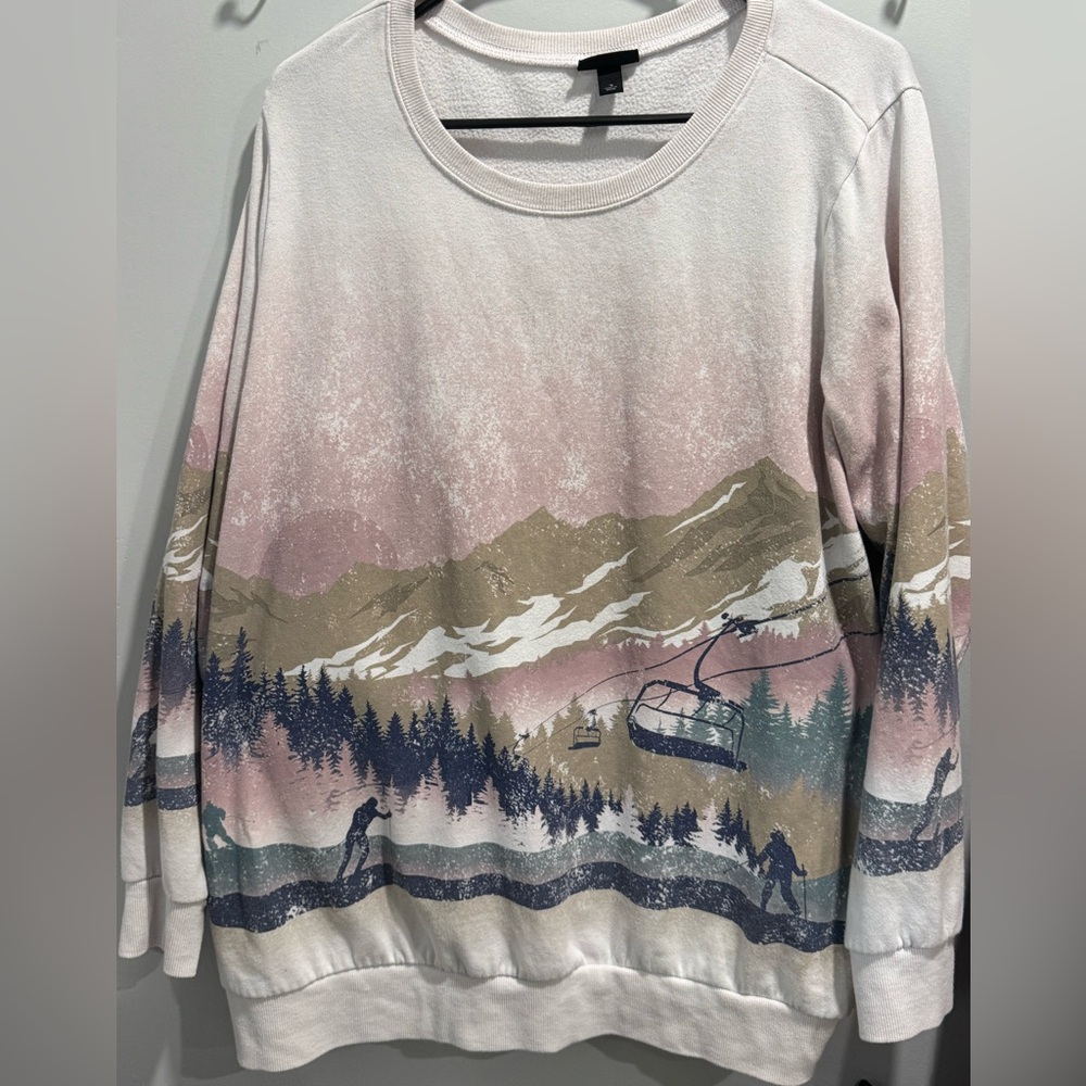 Torrid Pink and Cream Crew Neck Sweater with Scenic Design